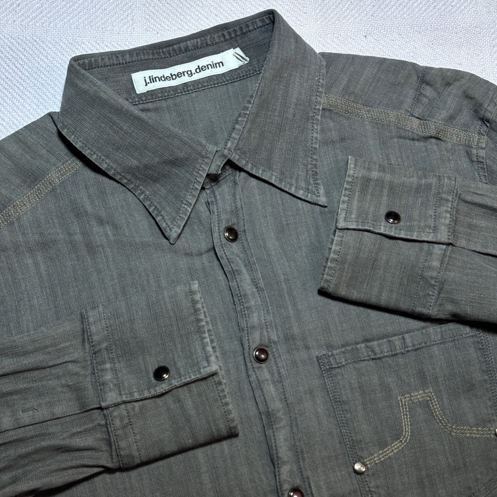 J.Lindeberg Denim Pearl Snap‎ Shirt Women Large Long Sleeve Raw Hem Western Grey